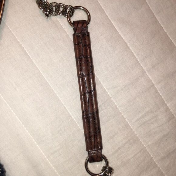 Nine West Shimmer Metallic Burlap Leather Combo Double Link Chain Clutch - Picture 8 of 12